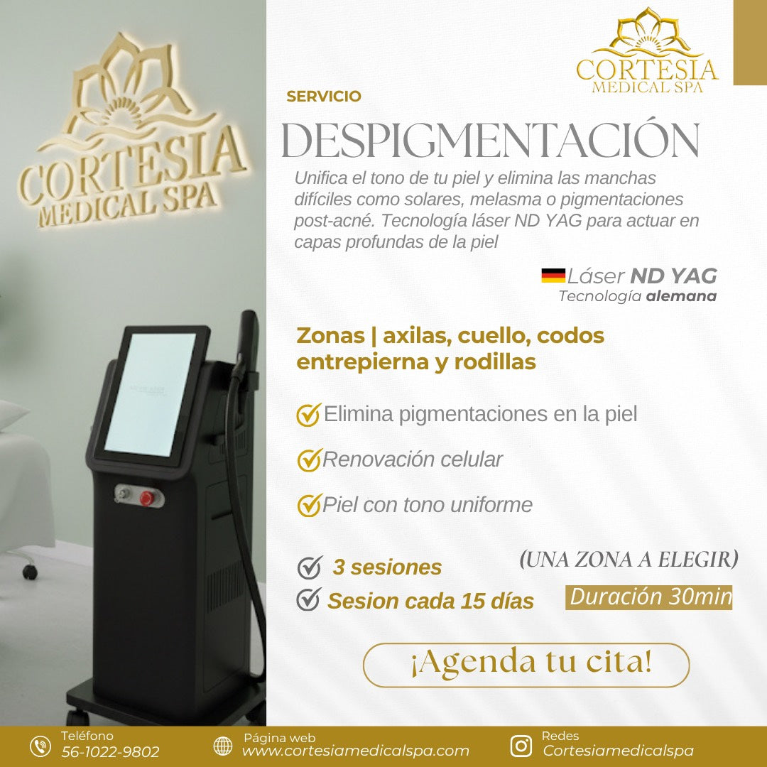 Despigmentación Zonas/ axilas, cuello, codos, entrepierna y rodillas ( 3 sesiones)